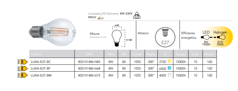 Lampadina LED filamento attacco E27 sfera 8W 1055 lumen resa 81W 230V Lampadina LED filamento attacco E27 sfera 8W 1055 lumen resa 81W 230V